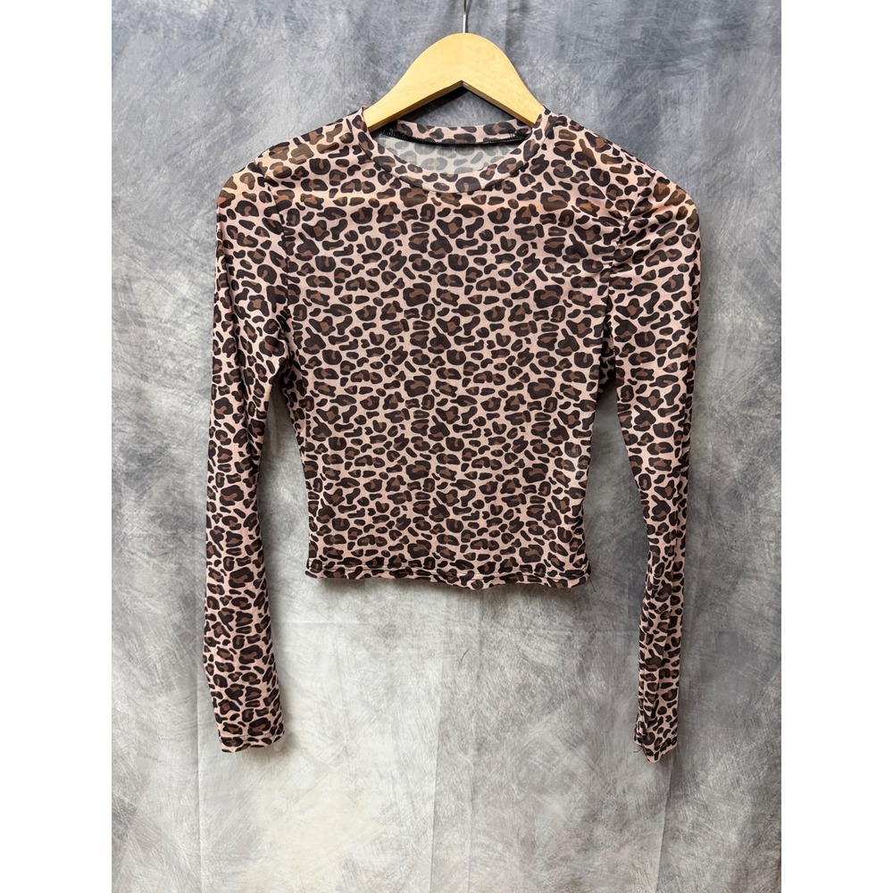 Unbranded Women Brown‎ Leopard Print Sheer Mesh Long Sleeve Crop Top Size M